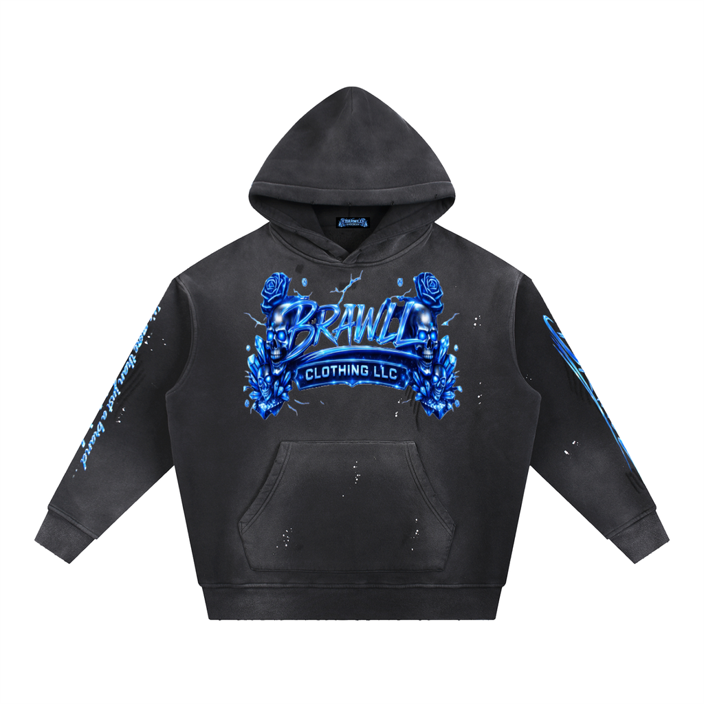 "Street Elite"Vintage Washed Frayed Fleece Hoodie