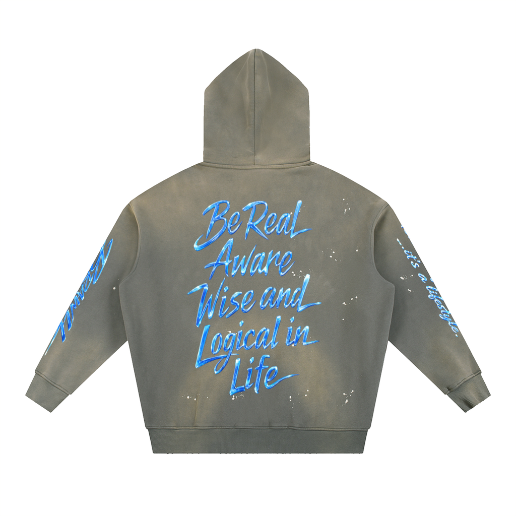 "Street Elite"Vintage Washed Frayed Fleece Hoodie